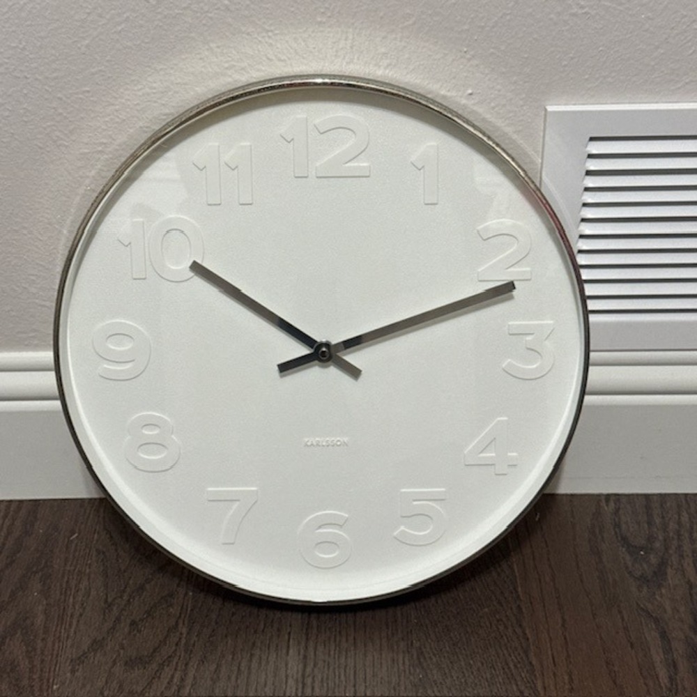 Karlsson Wall Clock White Embossed Numerals Silver Frame Modern Minimalist Decor